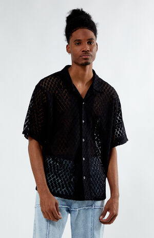 Black Lace Oversized Camp Shirt image number 1