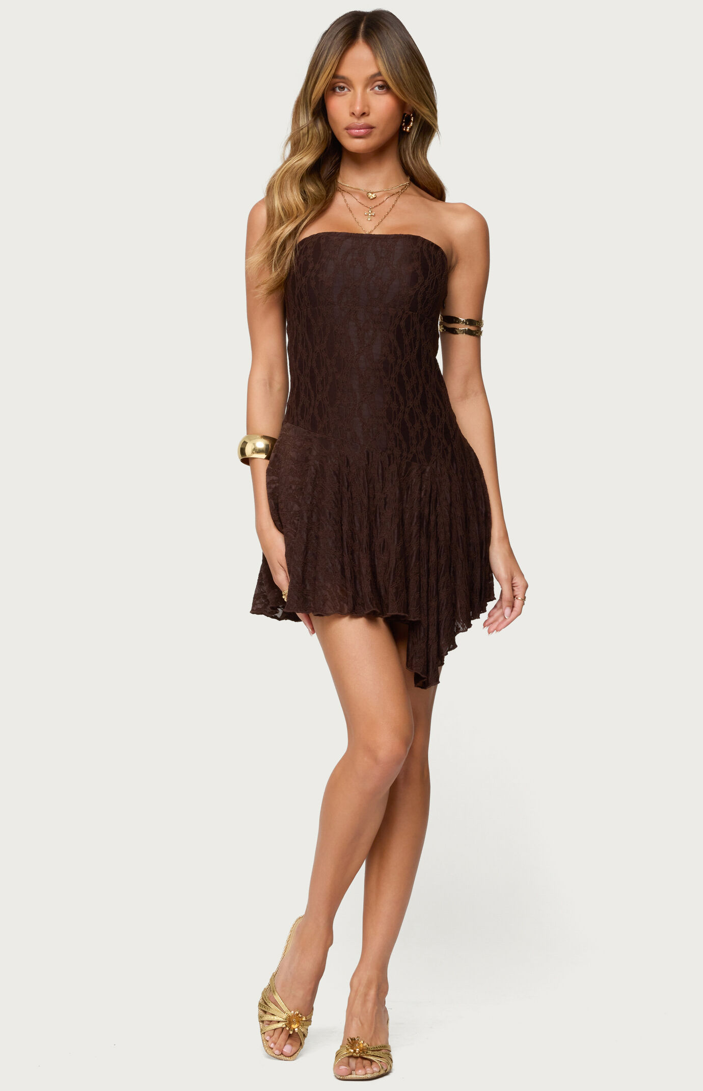 Edikted Elaia Asymmetric Strapless Lace Mini Dress
