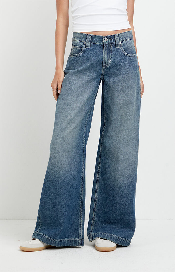 Pacsun Sloane Low Rise Ultra Baggy Jeans Snap-Button Pocket Medium Blue