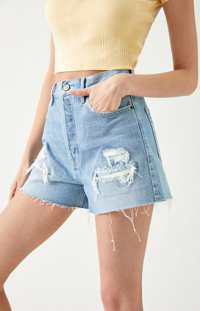 Distressed Light Blue Ultra High Waisted Vintage Denim Shorts