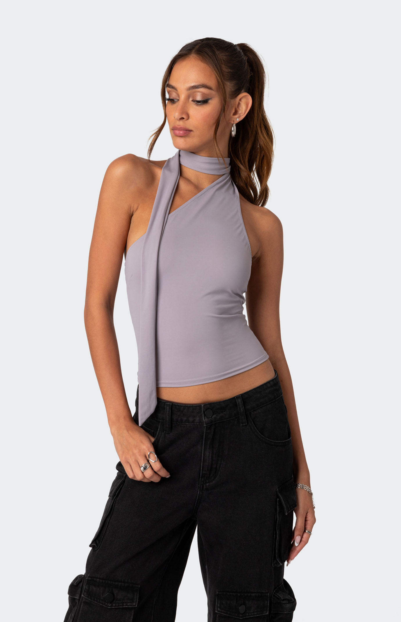 AsymmetricCottonblendJerseytops・blk/S Edikted Melony Asymmetric Scarf Top | PacSun