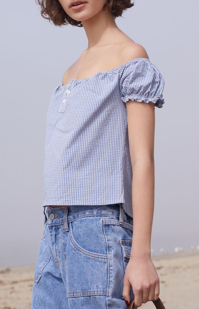 John Galt Blue & White Gingham Clarisse Off-The-Shoulder Top