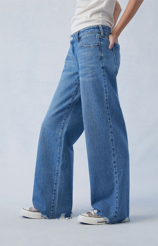 PacSun Eco Medium Indigo Frayed Low Rise Wide Leg Jeans