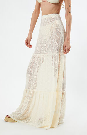 Sheer Lace Mid Rise Tiered Maxi Skirt image number 3
