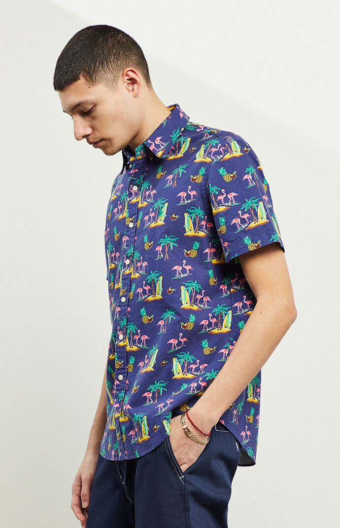 Coconut Flamingos Short Sleeve Button Up Shirt