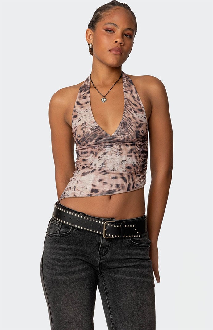 Edikted Leopard Mesh Asymmetric Halter Top | PacSun