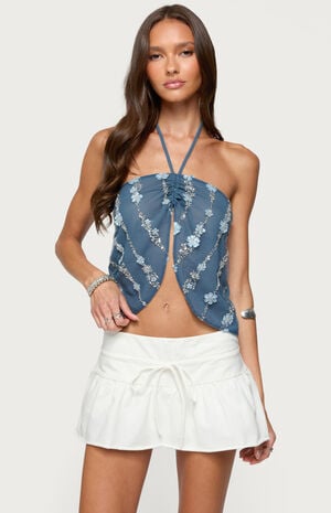 Beaded Floral Split Front Halter Top image number 1
