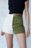 Olive Spliced Ultra High Waisted Vintage Denim Shorts Olive Spliced Ultra High Waisted Vintage Denim Shorts image number null