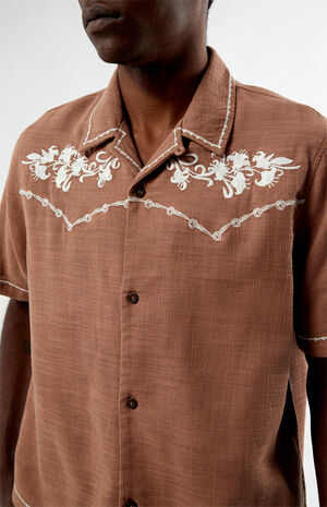 Tan Western Embroidered Oversized Resort Camp Shirt image number 2