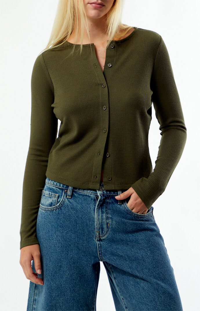 Your Favorite Rowan Waffle Knit Button Front Long Sleeve Top