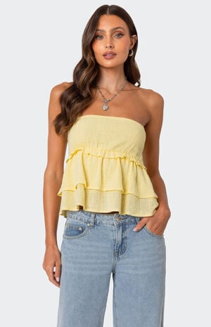 Linen Look Strapless Peplum Top