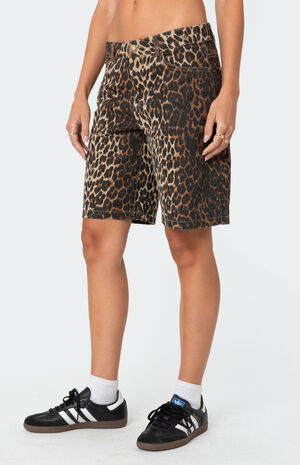 Leopard Low Rise Denim Bermuda Shorts image number 4
