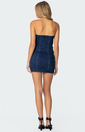 Ruched Strapless Denim Mini Dress image number 4