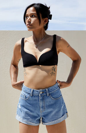 Medium Blue Roll Cuff Denim Mom Shorts image number 2