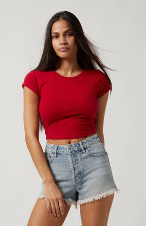 Light Indigo Frayed Button Fly High Waisted Denim Festival Shorts