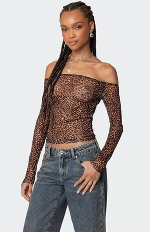 Leopard Sheer Mesh Off Shoulder Top image number 3