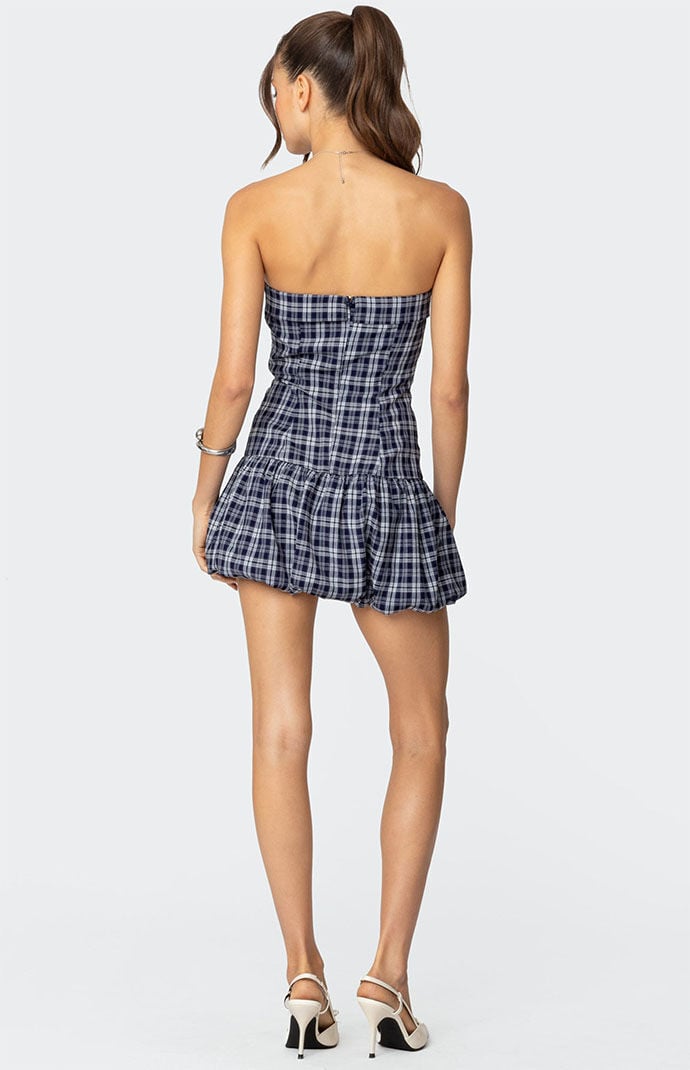 Edikted Plaid Strapless Bubble Mini Dress