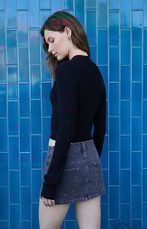 Black Ribbed Mock Neck Long Sleeve Top image number 3