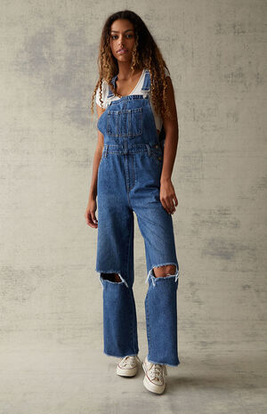 Dark Blue Ripped Denim Workwear Overalls image number 3