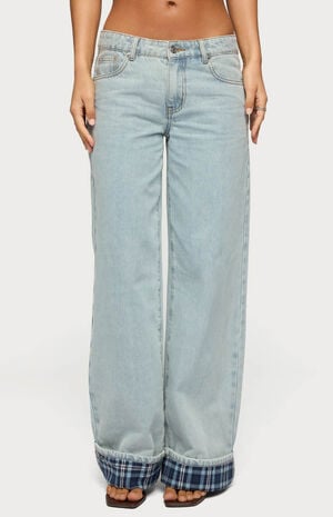 Plaid Cuffed Low Rise Baggy Jeans image number 1