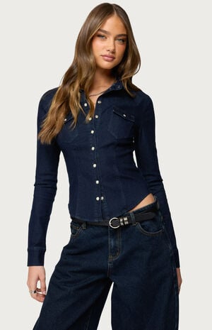 Shylo Stretchy Denim Button Up Shirt image number 1