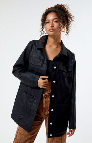 Longline Faux Leather Trucker Jacket image number 2