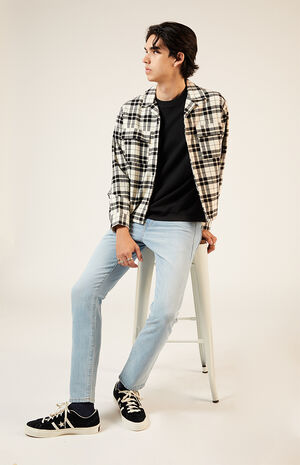 Black & White Washed Cropped Camp Flannel Shirt image number 4