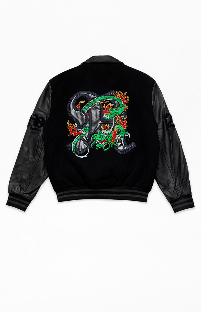 Awake NY Dragon Embroidered Leather Varsity Jacket