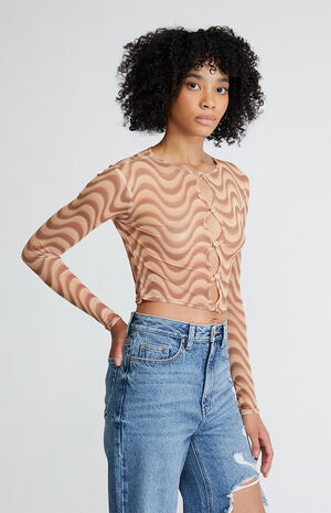 Brown Swirl Mesh Long Sleeve Top image number 2