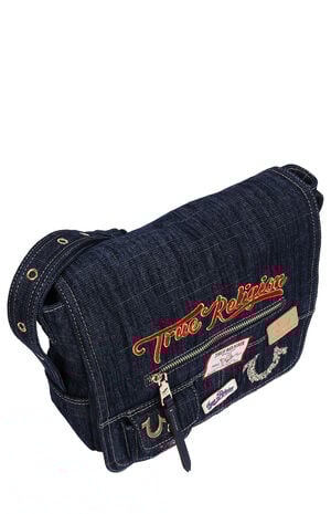 Dark Denim Multi Patch Messenger Bag image number 9