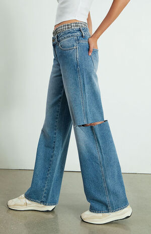 Medium Blue Ripped Low Rise Baggy Jeans image number 3