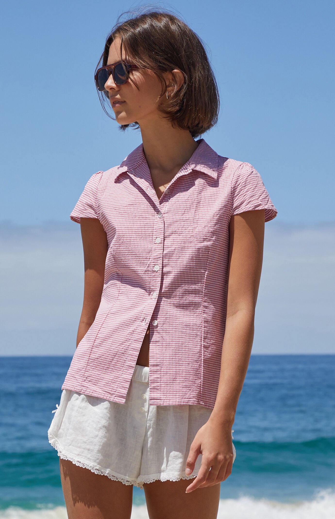 John Galt Red Gingham Rue Collared Top