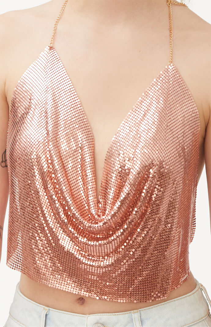Chain Mail Cowl Neck Halter Top