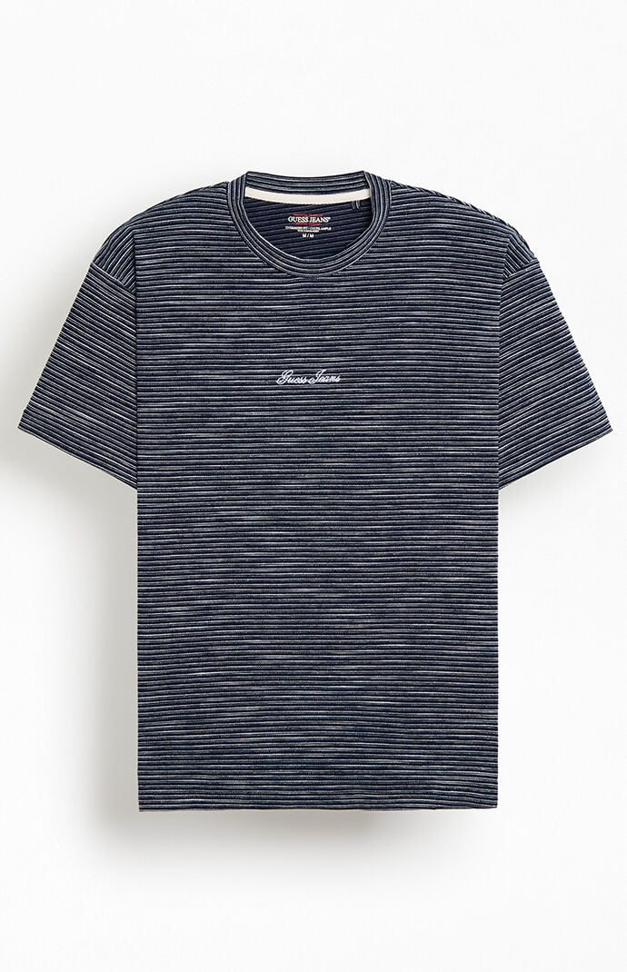 Guess Jeans Men's Navy and White Striped Logo Oversized T-Shirt in White/Blue - Large