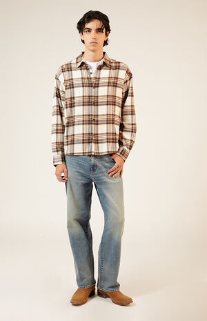 Cream Washed Cropped Flannel Shirt image number 4