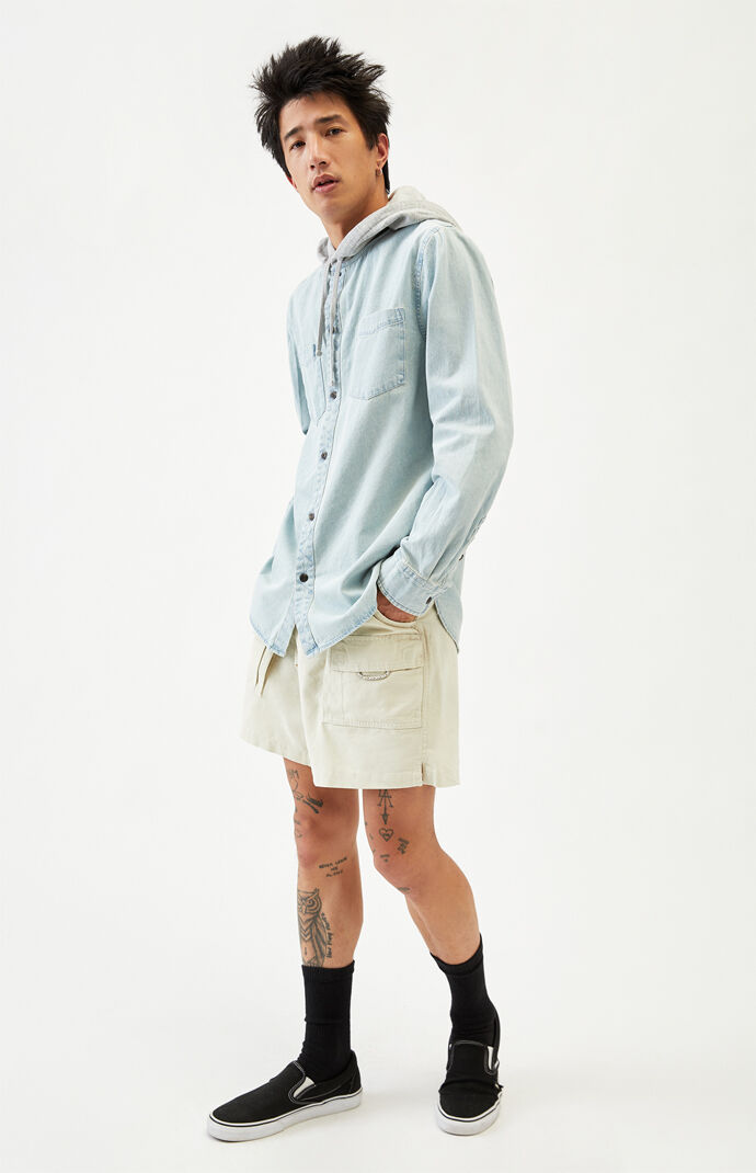 Hooded Denim Long Sleeve Button Up Shirt