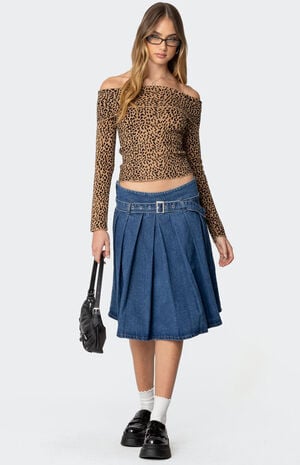 Belted Pleated Denim Midi Skirt image number 1