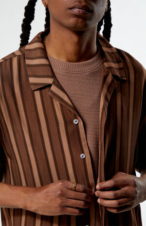 Brown Viscose Stripe Camp Shirt image number 2