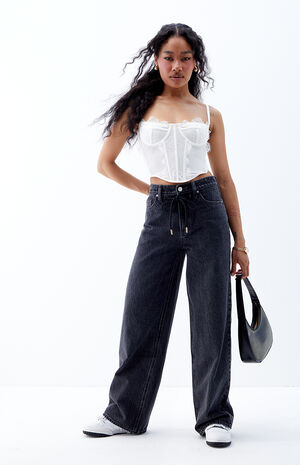Cali Black Drawstring Baggy Boyfriend Jeans image number 3