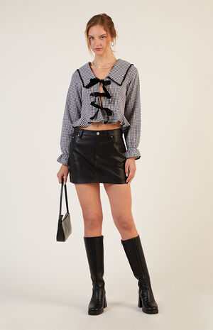 Gingham Collared Tie Long Sleeve Top image number 5