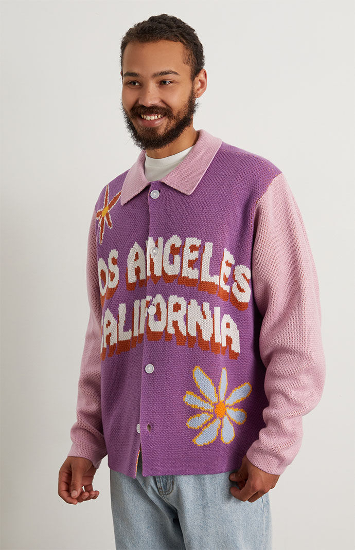 Purple button down sweater hot sale