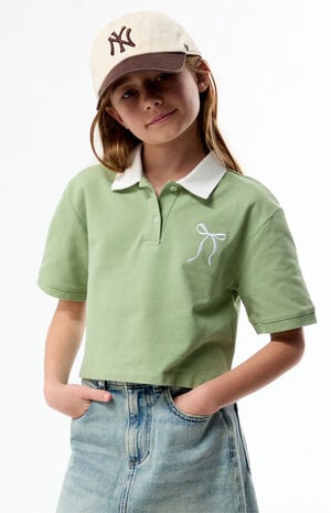 Sage Bow Embroidered Cropped Polo Shirt image number 1