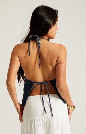 Embroidered Denim Halter Top image number 4