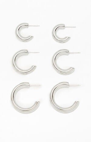 3 Pack Chunky Silver Hoop Earrings image number 2