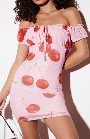 Cherry Mesh Off-The-Shoulder Mini Dress image number 2