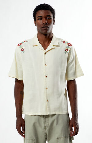Cream Floral Embroidered Oversized Camp Shirt image number 1