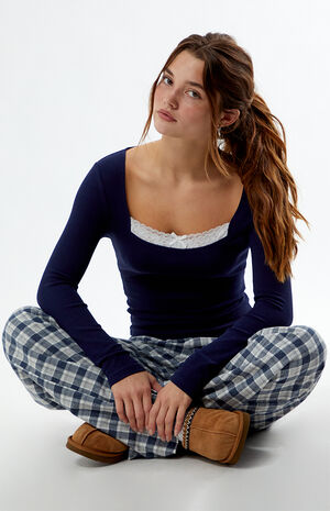 Lace Trim Ribbed Long Sleeve Top image number 2