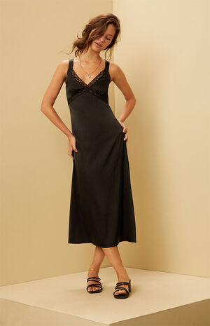Satin Lace Trim V-Neck Midi Dress image number 3