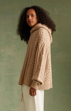 Gold Heather Cable Knit Hoodie image number 2