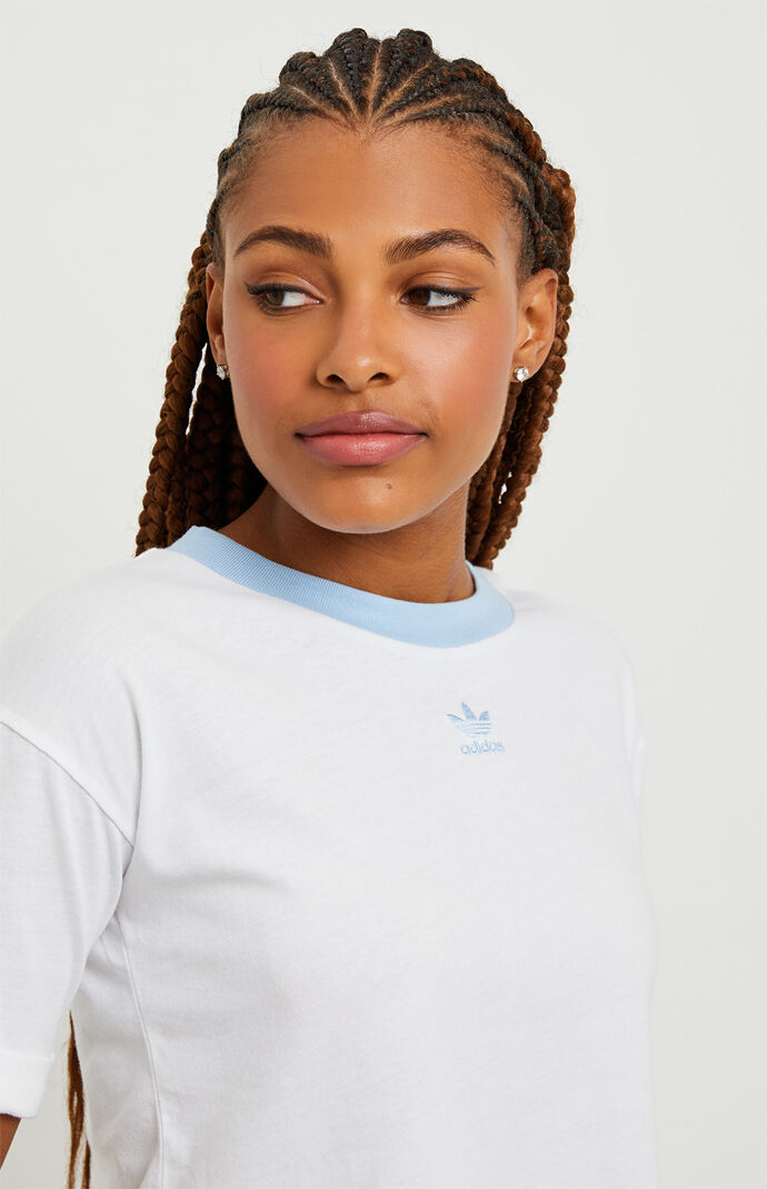 White & Light Blue Cropped Ringer T-Shirt